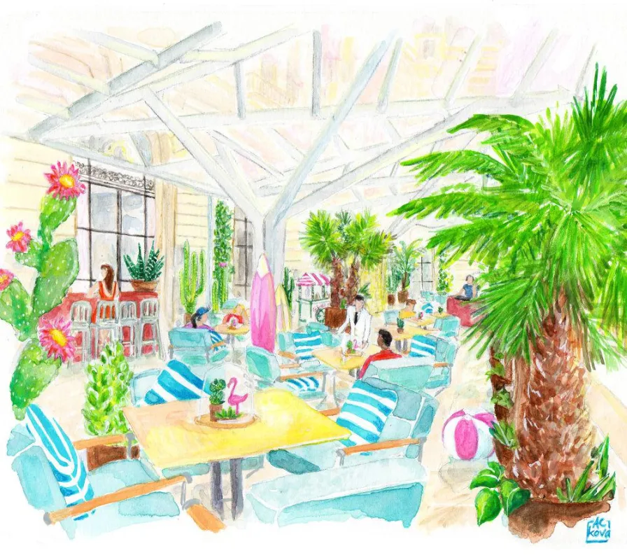 La Terrasse Kléber mit farbenfrohen Designelementen (Zeichnung)