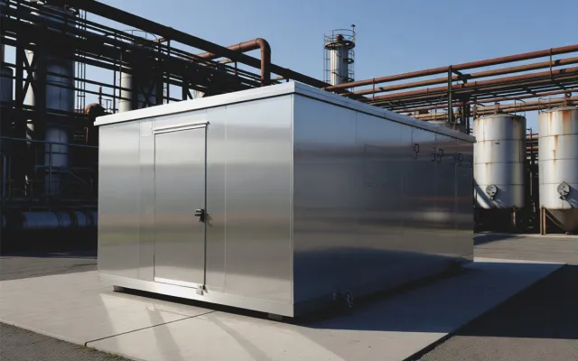 Bild: SCHRAMM liefert 6x4-Meter-Edelstahlkabine an BASF für prozessnahe Analytik