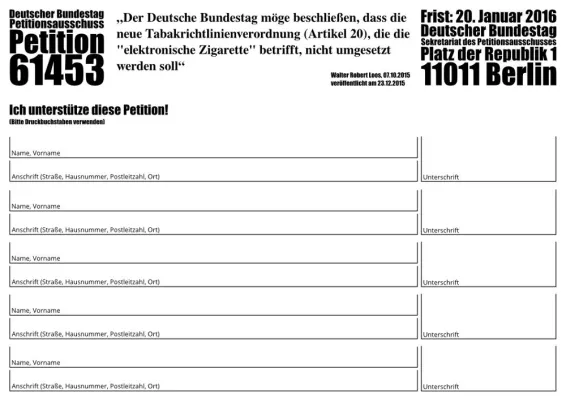Bild: Verbraucher- und Verbandspetitionen zur tabaklosen elektronischen Zigarette wurden zusammengefasst