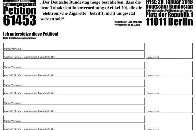 Verbraucher- und Verbandspetitionen zur tabaklosen elektronischen Zigarette wurden zusammengefasst Bild: Verbraucher- und Verbandspetitionen zur tabaklosen elektronischen Zigarette wurden zusammengefasst