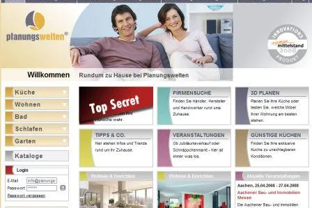 Wohnportal planungswelten.de ist Innovationsprodukt 2008 Bild: Wohnportal planungswelten.de ist Innovationsprodukt 2008