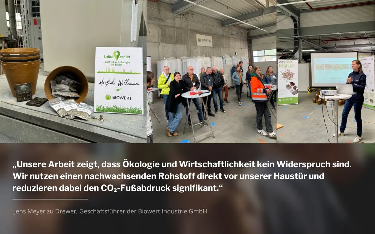 BioBall Teilnehmer vor Ort bei Biowert mit Zitat des Geschäftsführers.