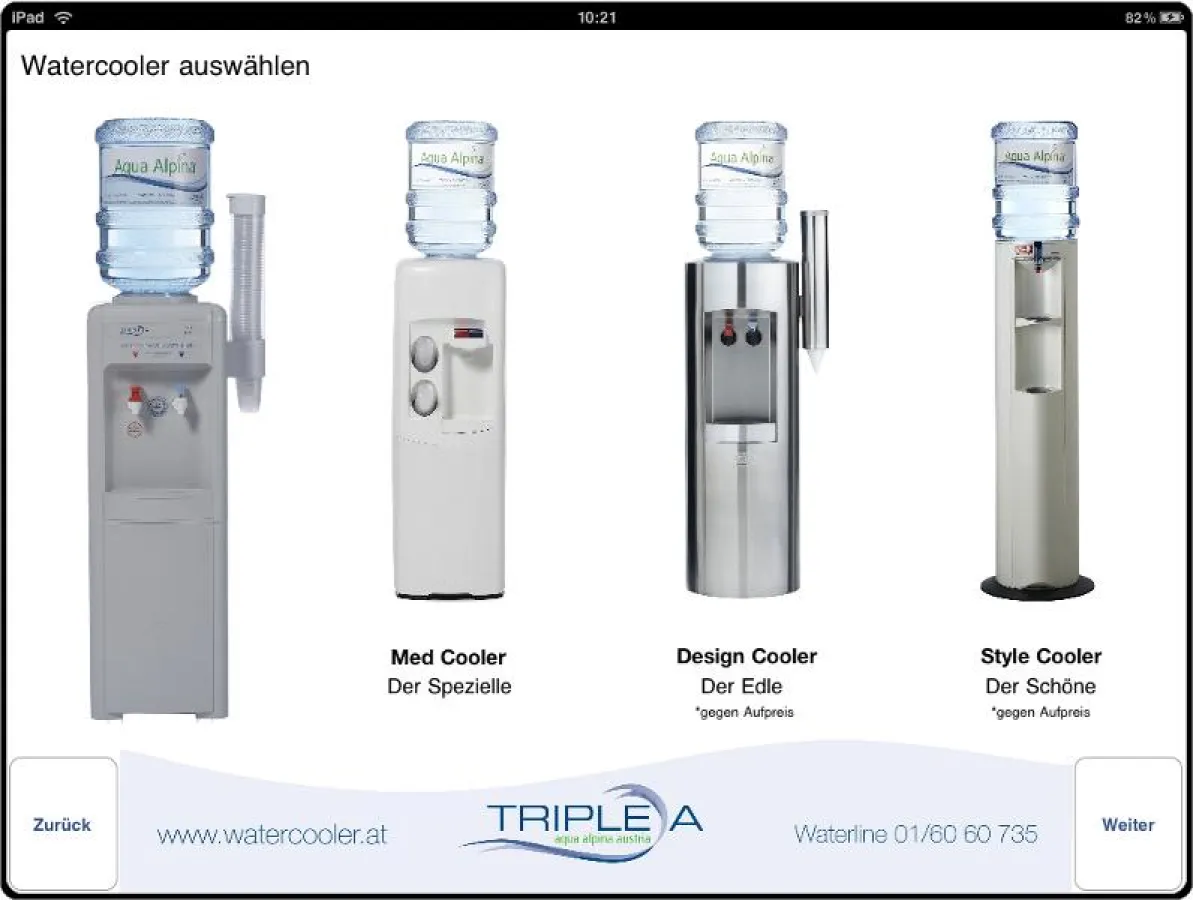 Screenshot - Watercooler-Modelle am iPad auswählen.