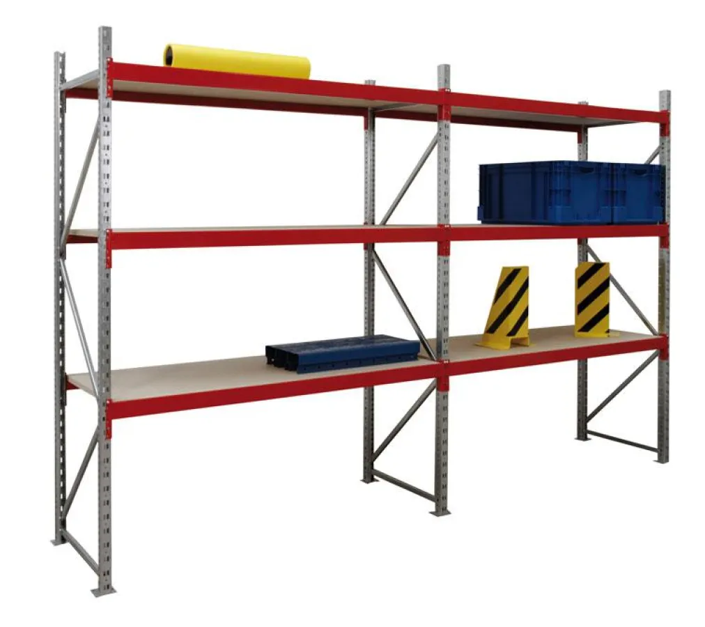 Weitspannregal Willy mit Holzpaneelen.