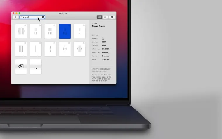 Bild: „Entity Pro“ für macOS — Glyphen finden, Digitale Typographie lernen