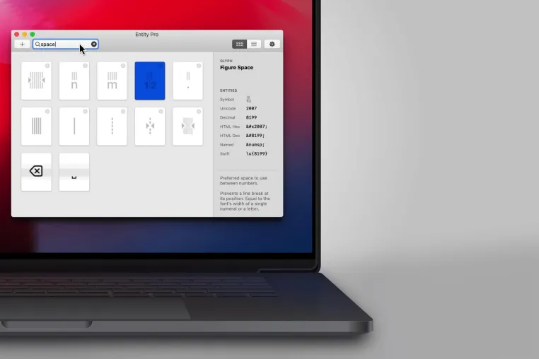 Bild: „Entity Pro“ für macOS — Glyphen finden, Digitale Typographie lernen