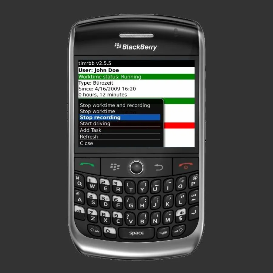 timr Applikation in englischer Version auf einem BlackBerry