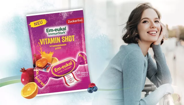 Bild: Geschmack, der Freude schafft – das zuckerfreie Fruchtbonbon Em-eukal® ImmunStark* Vitamin Shot