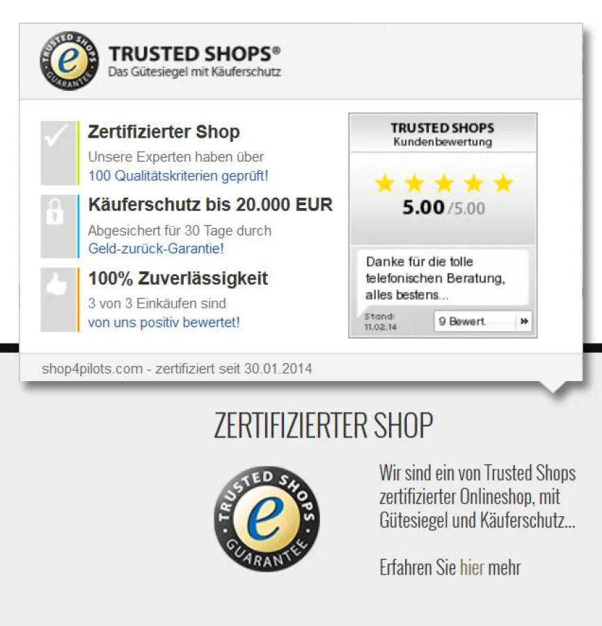 Trusted Shops Gütesiegel auf www.shop4pilots.com