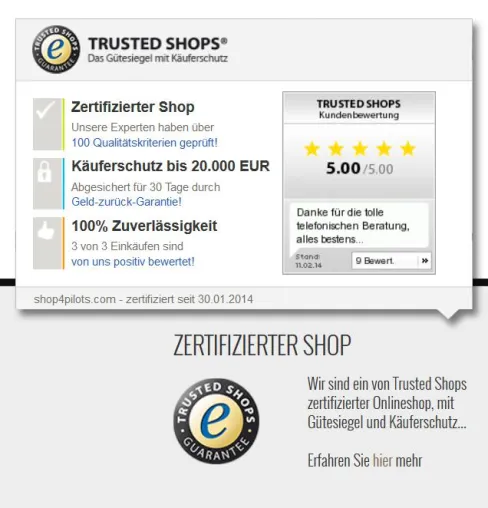 Bild: shop4pilots.com mit Gütesiegel zertifiziert