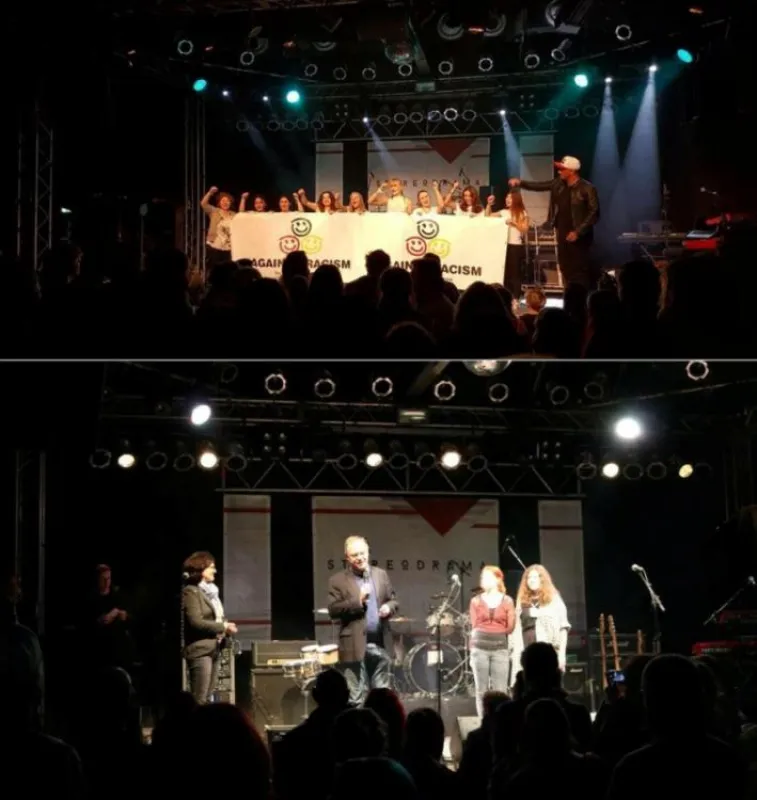 o: 2schneidig@school Performance, u: (v.l.) Schulleiterin Naber, Ministerpräsident Weil, IGS-Schüler
