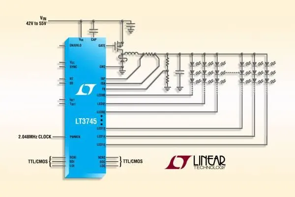 Bild: Linear Technology | LT3745: 16-Kanal-50mA-Abwärtsregler-LED-Treiber mit Punktkorrektur und Graustufen-Dimming