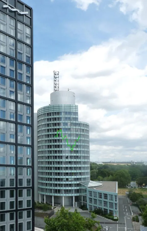 Inspiration Börse: Eine übergroße DAX-Anzeige am TaunusTower weckt die Aufmerksamkeit finanzaffiner Mietinteressenten.