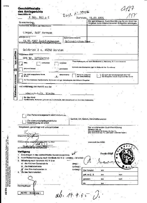 Kirchenaustritt Rolf Lingen bei Amtsgericht Dorsten