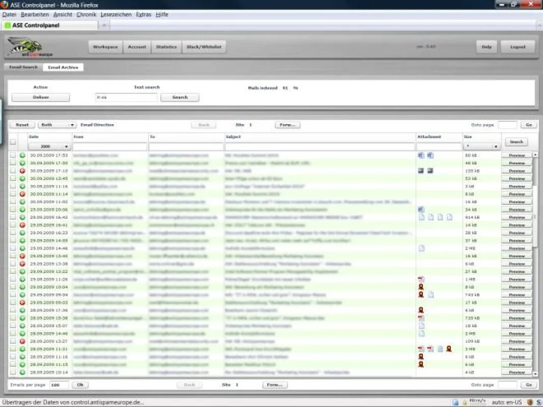 antispameurope Control Panel mit Volltextsuche im E-Mail Archiv