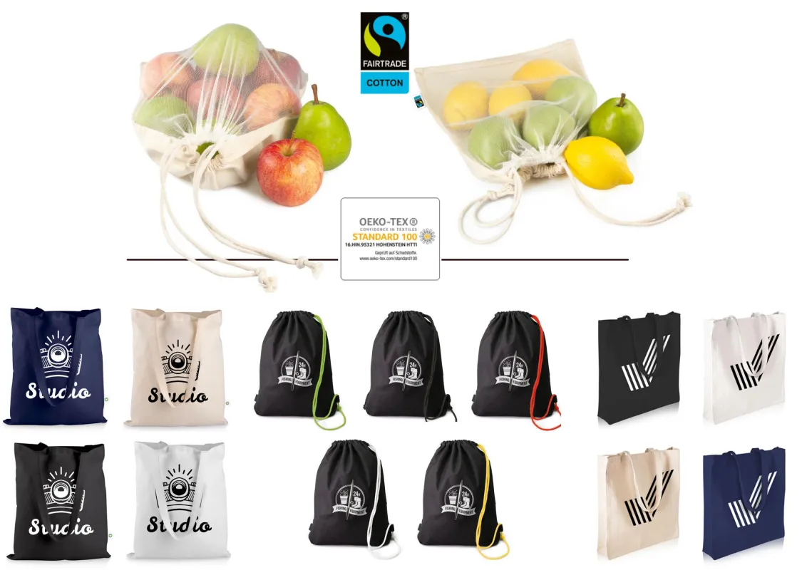oben: Foodbags Adam und Eva, unten: Baumwolltaschen, Baumwollrucksäcke