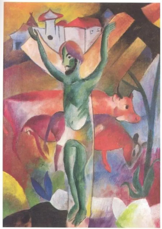 Heinrich Campendonk, Kreuzigung/Gaukler, ca. 1912, Aquarell und Deckfarben auf Papier, 46 x 40 cm. Bitte bei Abdruck Rechte bei VG Bildkunst einholen.