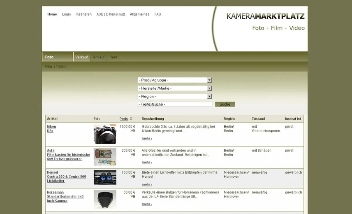 Startseite von Kameramarktplatz