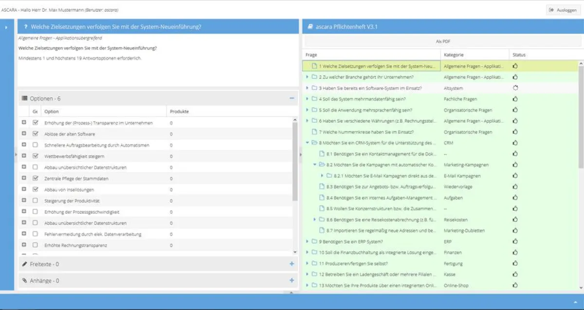 Erarbeitung des Pflichtenheftes in Form eines Frage-Antwort-Spiels.