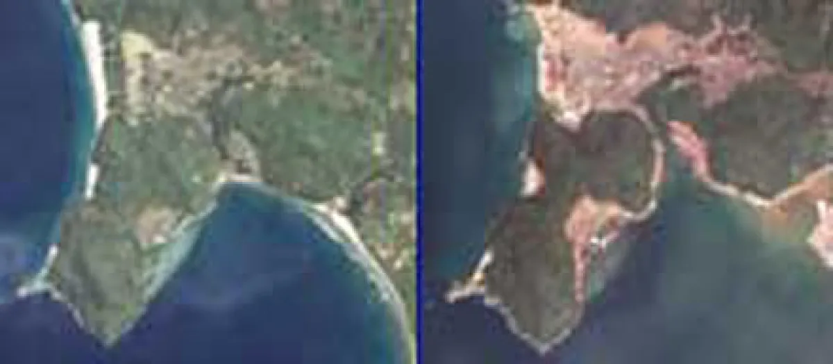 Satellite images of Banda Aceh South, Sumatra, before and after the tsunami.