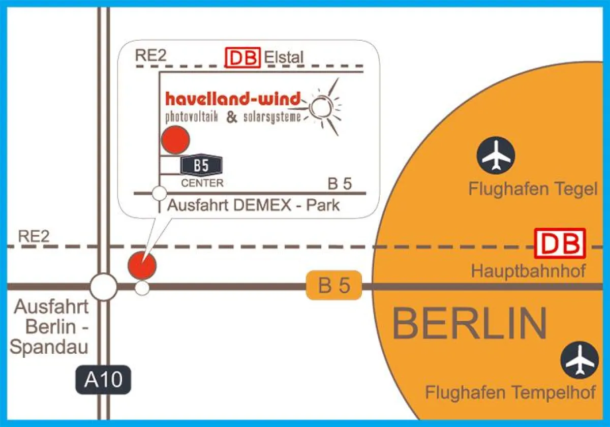 Ab dem 01.April 2008 findet man die Havelland- Wind GmbH unmittelbar an der B5 und der BAB10 im DEMEX Park an der Nauener Straße 9 im Wustermarker Ortsteil Elstal.