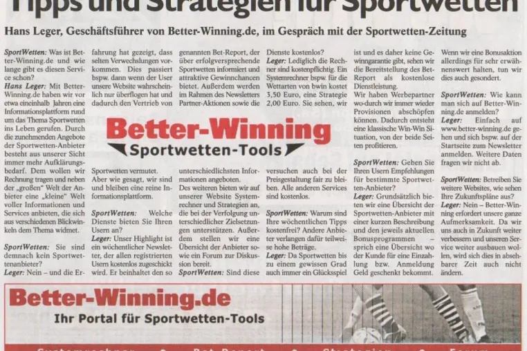 Bild: Tipps und Strategien für Sportwetten - Hans Leger, Geschäftsführer von Better-Winning.de, im Gespräch mit der Sportwetten-Zeitung