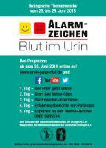 Vom 25. bis 29. Juni 2018: Urologische Themenwoche "Alarmzeichen Blut im Urin" Bild: Vom 25. bis 29. Juni 2018: Urologische Themenwoche "Alarmzeichen Blut im Urin"
