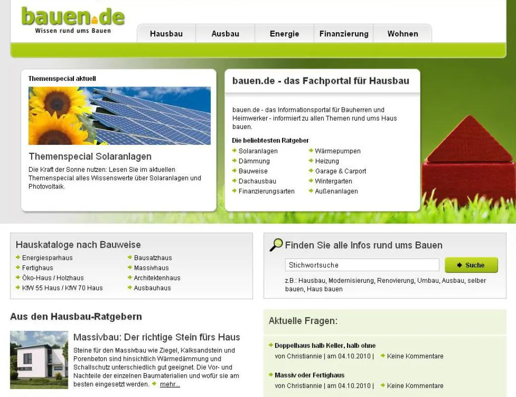 Die neue Startseite von Bauen.de weist dem Besucher den Weg zu den umfangreichen Kategorien. Grafik: Immowelt