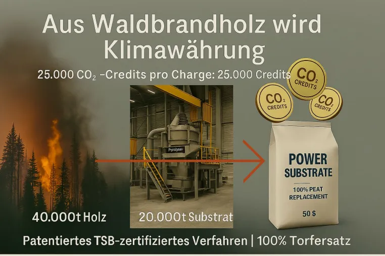Bild: Aus verbranntem Holz wird Klimawährung: Power Substrate macht CO₂-Zertifikate aus Waldbrandflächen.