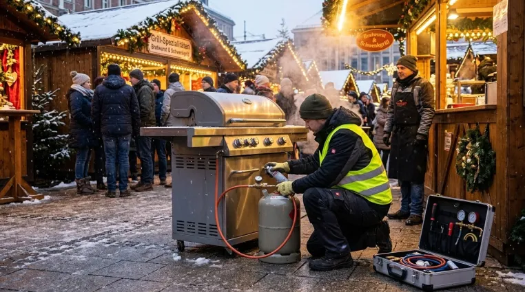 Bild: Gasgrill und Heizstrahler am Vereinsstand: Prüfer aus Olpe rät zum Check vor dem Weihnachtsmarkt