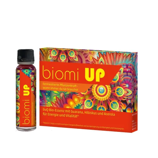 Bild: Das neue biomi UP von livQ liefert fermentierte Pflanzenkraft, sinnvoll ergänzt mit Guarana und Acerola