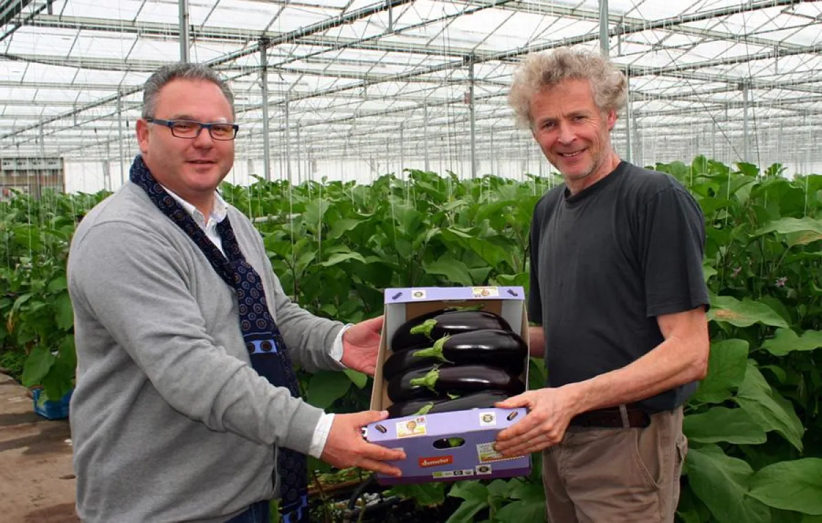 Frank de Koning (rechts) übergibt stolz die erste Kiste Bio-Auberginen an Nature & More.