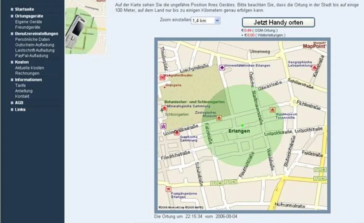 Screenshot eines Ortungsergebnisses