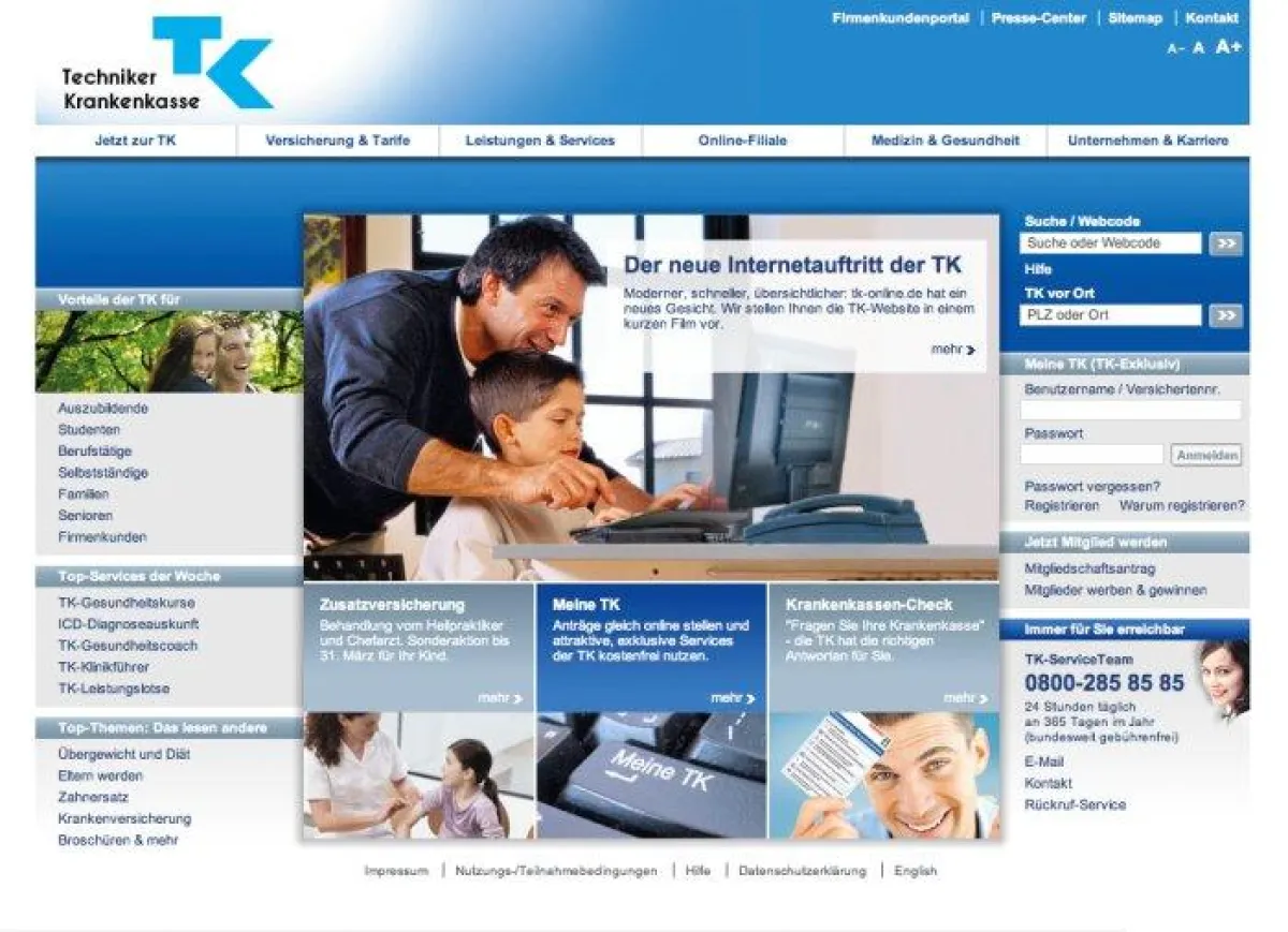 Die neue Startseite von www.tk-online.de