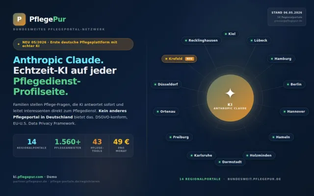 Bild: PflegePur: Erstes Pflegeportal mit KI auf jeder Profilseite — 14 Regionalportale, 1.560+ Pflegeanbieter