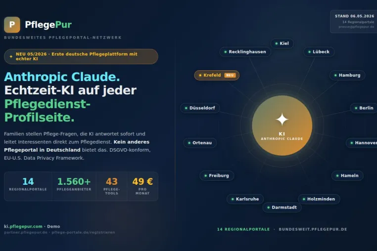 Bild: PflegePur: Erstes Pflegeportal mit KI auf jeder Profilseite — 14 Regionalportale, 1.560+ Pflegeanbieter