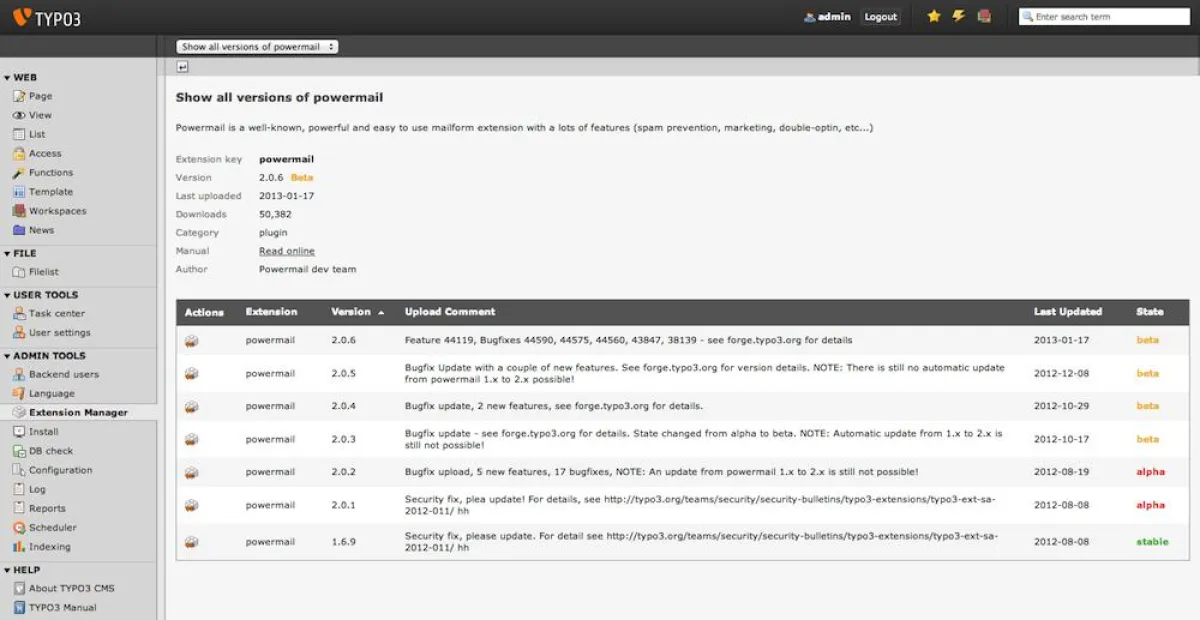 Screenshot des Extension Managers im TYPO3 Backend