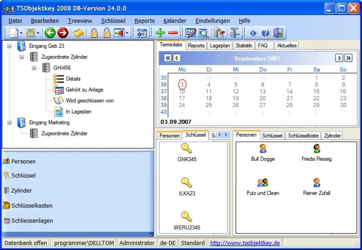TSObjektkey 2008 stellt alle Elemente, die zur Schlüsselverwaltung notwendig sind, in einer Baumstruktur dar.