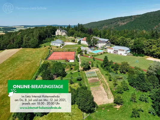 ONLINE-Beratungstage im Lietz Internat Hohenwehrda am 08.07. + 12.07.2021, jeweils von 18:00 bis 20:00 Uhr Bild: ONLINE-Beratungstage im Lietz Internat Hohenwehrda am 08.07. + 12.07.2021, jeweils von 18:00 bis 20:00 Uhr