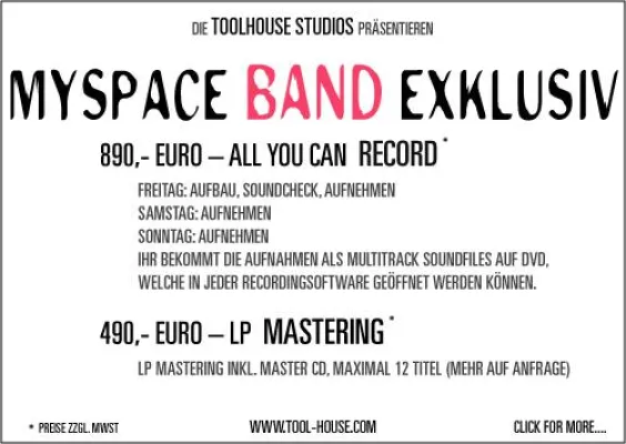 TOOLHOUSE Studios starten MYSPACE BAND EXKLUSIV Angebot Bild: TOOLHOUSE Studios starten MYSPACE BAND EXKLUSIV Angebot