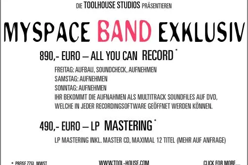 Bild: TOOLHOUSE Studios starten MYSPACE BAND EXKLUSIV Angebot