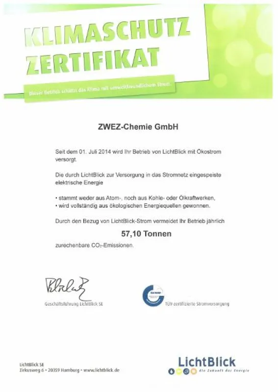 Zertifikat der LichtBlick über die Einsparung über 58,10 Tonnen