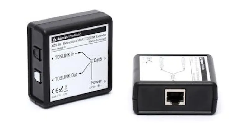 Übertragen mit Netzwerk-Kabel: Konverter von Appsys für ADAT/Toslink-Verbindungen bis 64 Kanäle über CAT5 Bild: Übertragen mit Netzwerk-Kabel: Konverter von Appsys für ADAT/Toslink-Verbindungen bis 64 Kanäle über CAT5