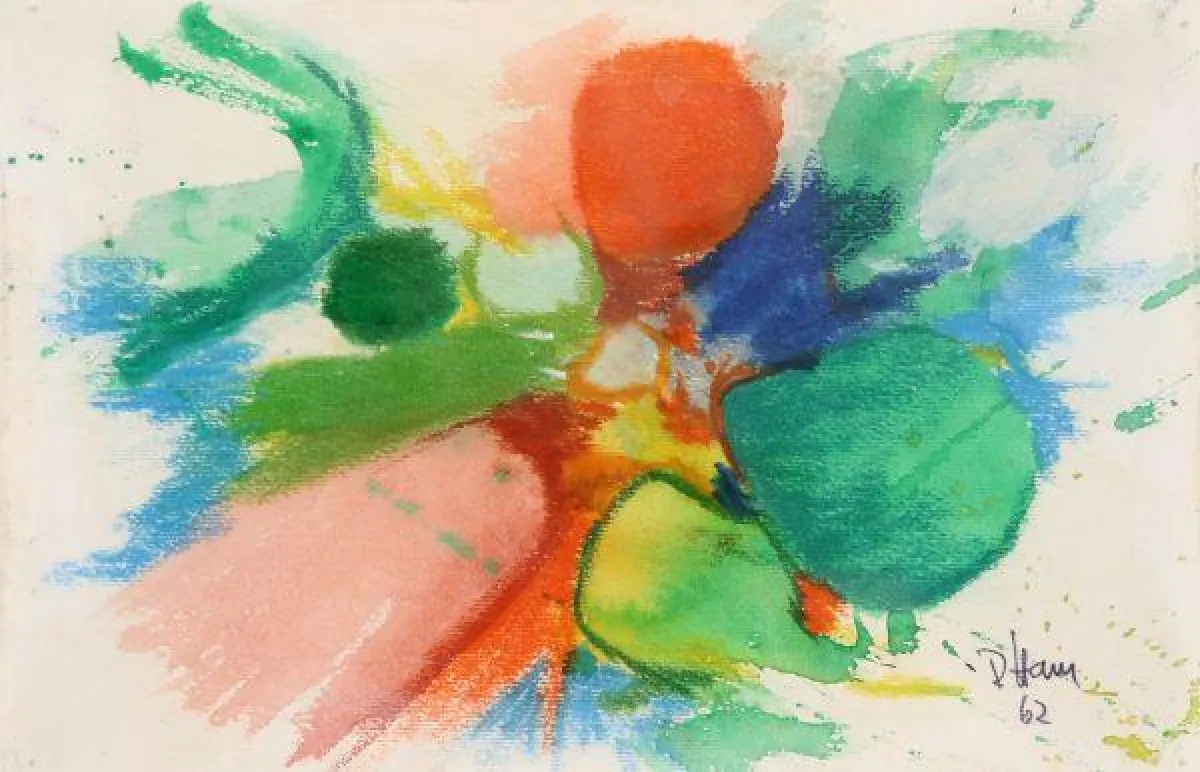 Rolf Hans, Rot-Gelb-Grün. 1962. Aquarell auf Velin. 13 x 24 cm. Aus dem Zyklus der ?Fleckenbilder?. Abb.: © Kunsthandel Michael Draheim, Wiesbaden.