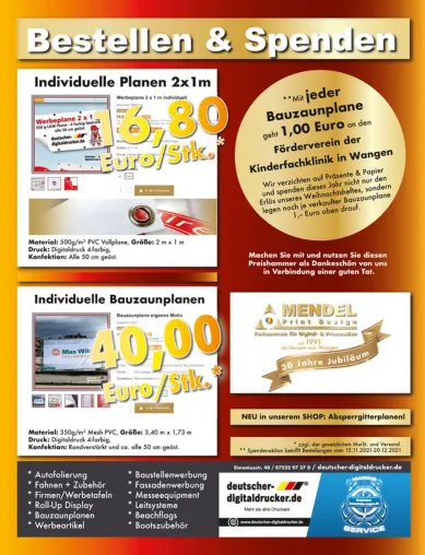 Bild: **Mit jeder Bauzaunplane spenden wir 1,00 Euro an den Förderverein der Kinderfachklinik Wangen!