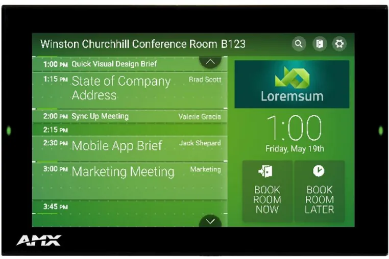 AMX stellt ein neues Touch Panel zur Raumbuchung vor, das sehr einfach zu installieren und zu bedienen ist Bild: AMX stellt ein neues Touch Panel zur Raumbuchung vor, das sehr einfach zu installieren und zu bedienen ist