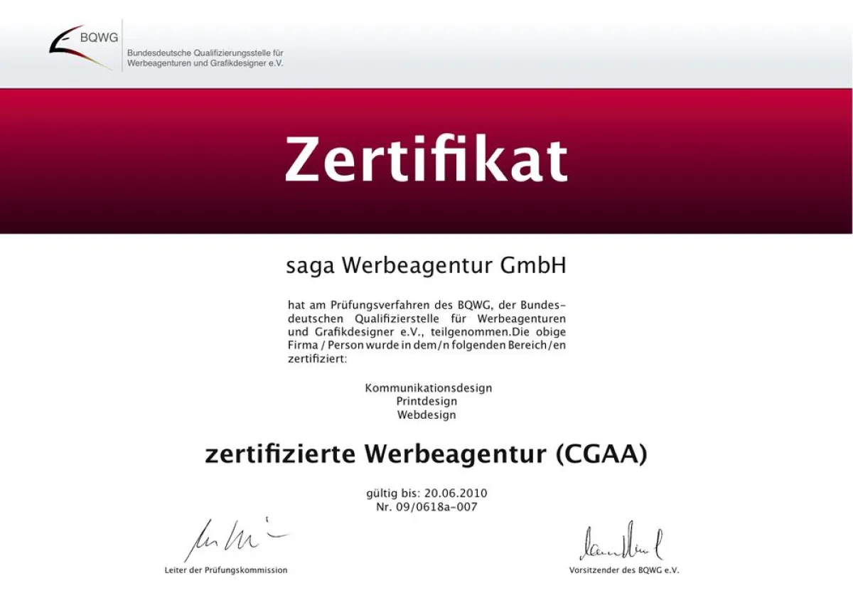 Ausgestelltes Prüfzertifikat der zertifizierten Werbeagentur (CGAA) Saga Werbeagentur GmbH aus Münster