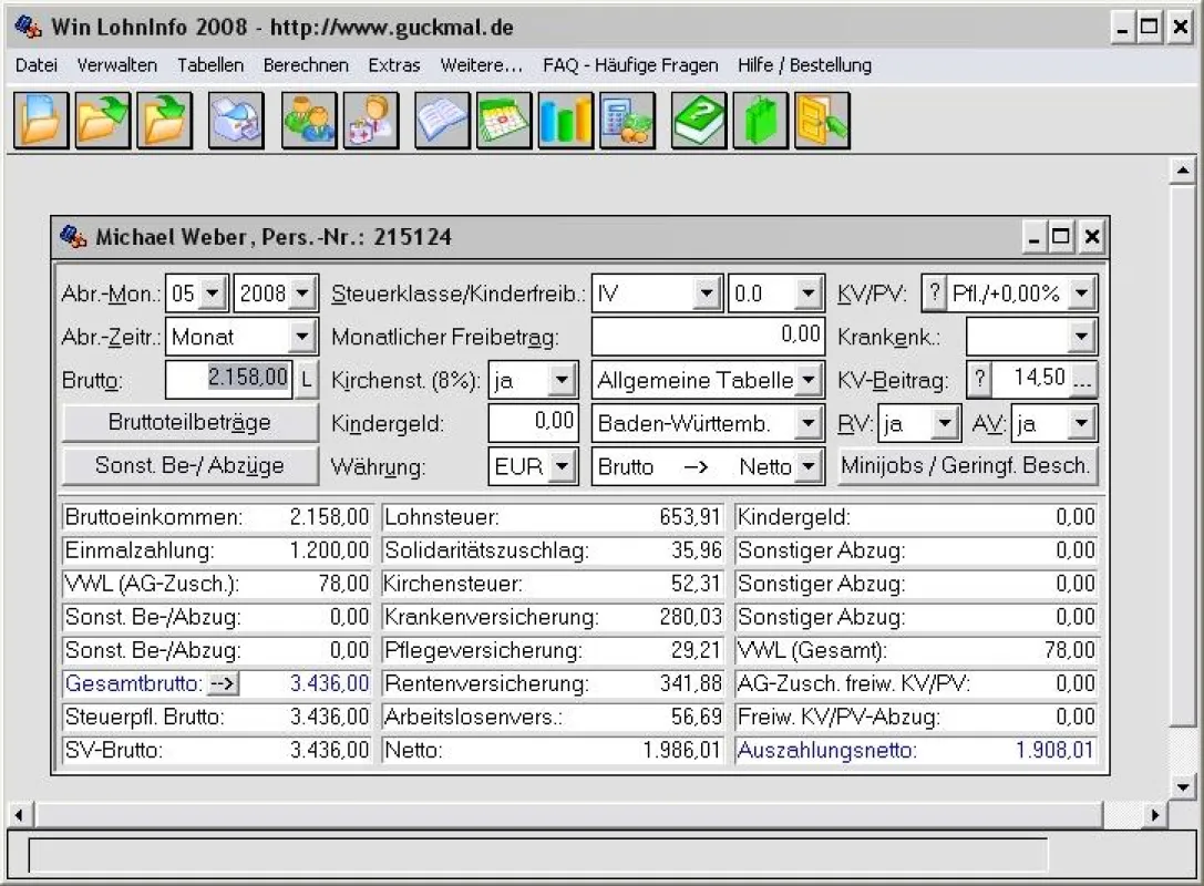 Win LohnInfo 2008 - Das Hauptfenster (Bild zur freien Verwendung)