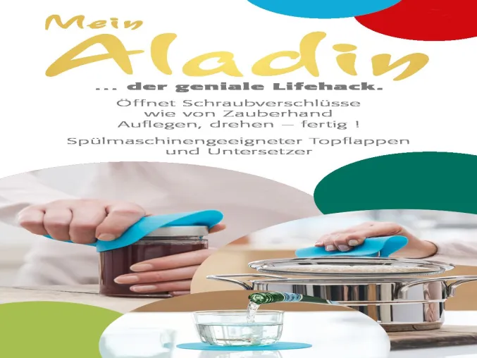 Spülmaschinengeeigneter Topflappen – der neue Werbeartikel "Mein Aladin" Bild: Spülmaschinengeeigneter Topflappen – der neue Werbeartikel "Mein Aladin"