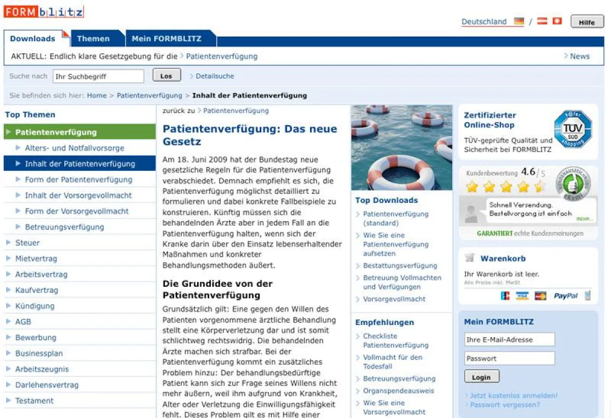 Neben einer praktischen Vorlage zur Patientenverfügung finden Verbraucher auf www.formblitz.de viele nützliche Tipps zum Thema.